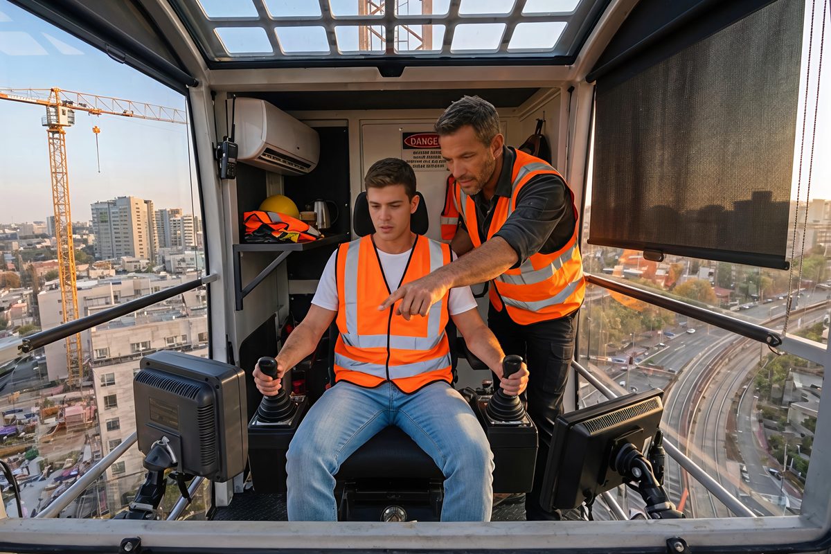 חניך בהתמחות מעשית על עגורן צריח